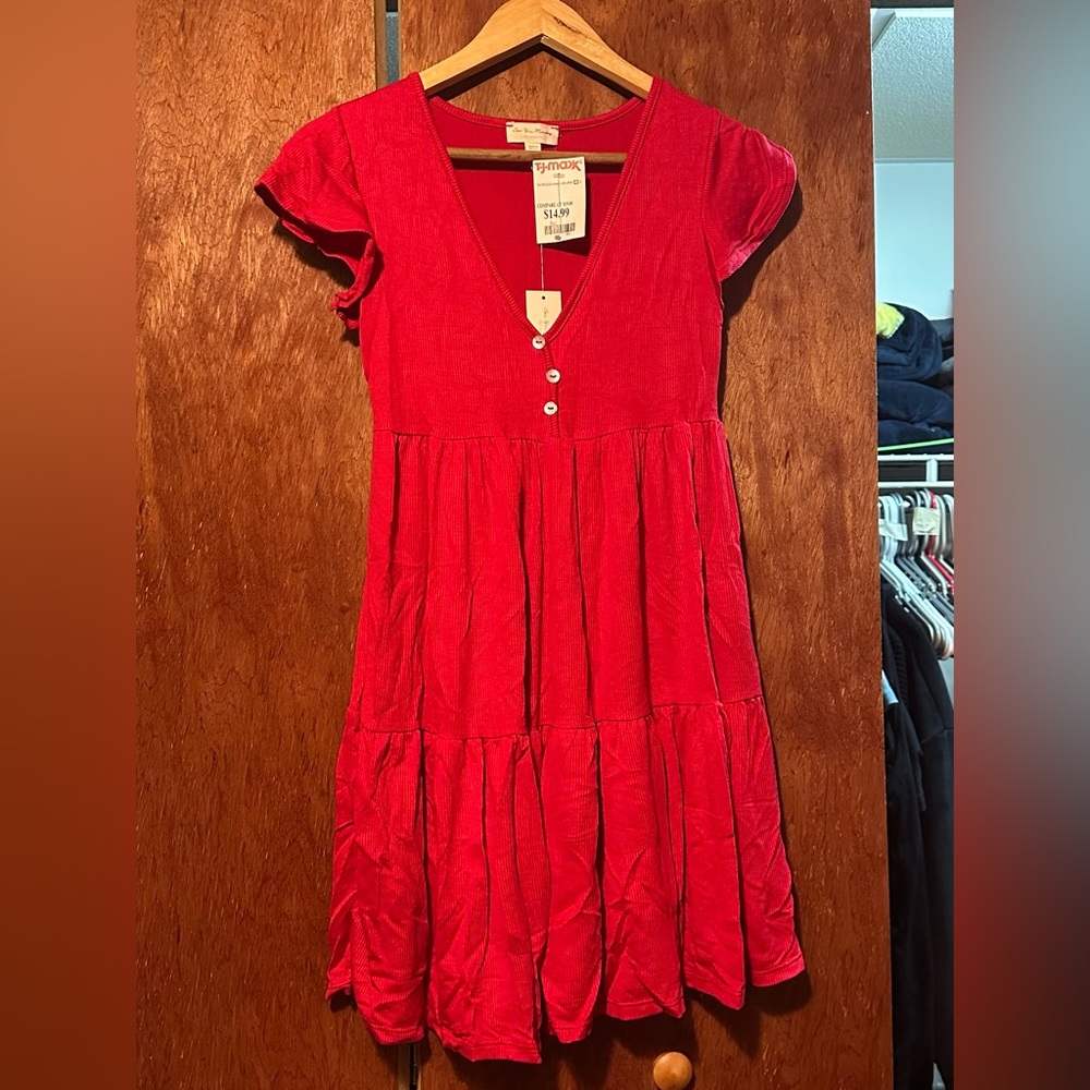 Red Button-Front Dress